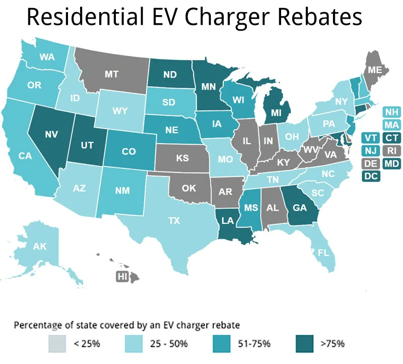 Map showing availability of residential EV charger rebates in US